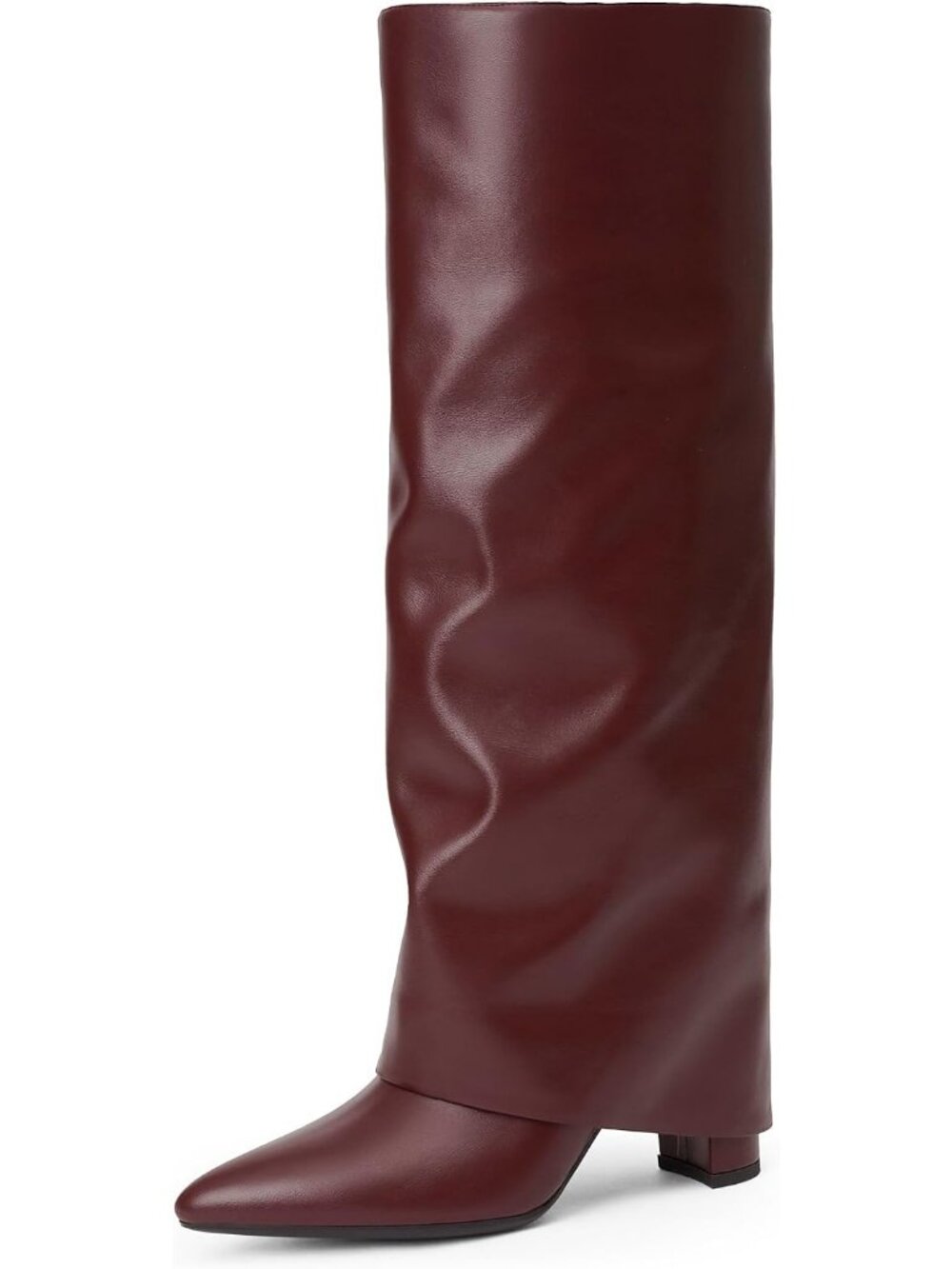 Women's Burgundy Chunky High Heels Long Pointed Toe Fold Over Knee High Boot